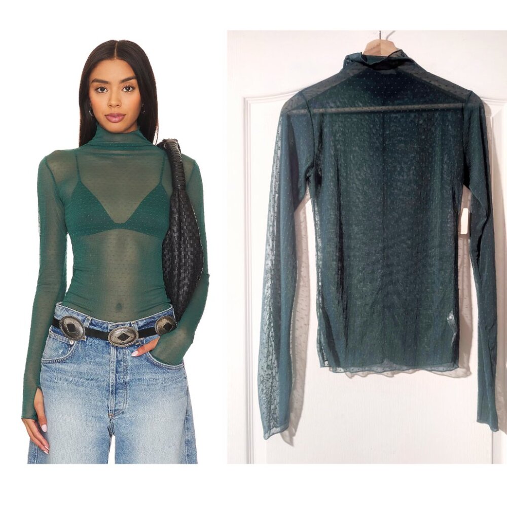 Free People Sheer Long Sleeve Mesh Top in Dark Green